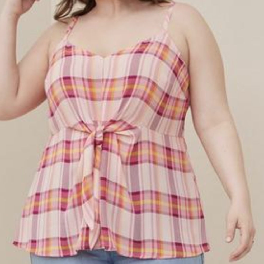 TORRID Peplum Tie Front Pink Plaid Cami 2x/18-20 NWT